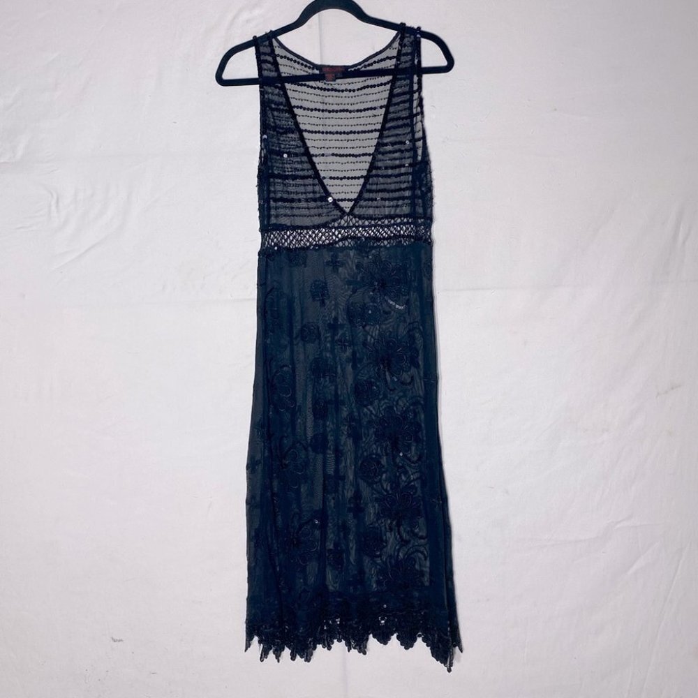 Vintage Simon Chang Sheer Black Deep V Neck Embroidered Sequinned Midi Dress 4